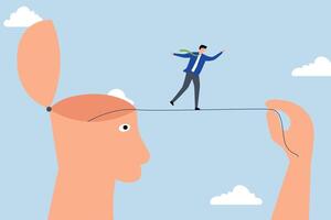 Challenge yourself, man pulls rope and lets the acrobat go to reach his goal. vector
