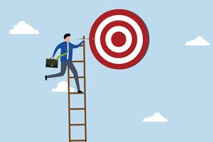 Success ladder, businessman climbs a ladder high into the sky, trying to reach perfect pinball table. vector