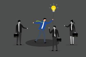 Brighten up business, business manager with light bulb idea to help colleagues in the dark. vector