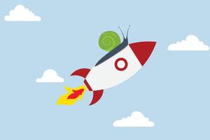 Accelerate business, slow snail flies fast rocket booster metaphor speeds up work process. vector