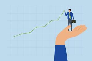 Drive sale increasing profit, businessman stands with helping hand and pulls up rising graph. vector
