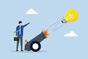 Launch new business idea, smart business entrepreneur starts light bulb idea with a powerful cannon. vector