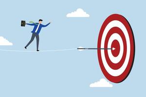 Challenge to overcome difficulty and achieve business target, businessman acrobat walk on rope to reach bullseye dart target. vector