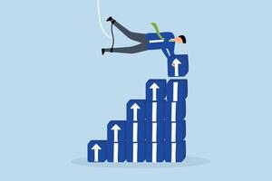 Business growth, businessman hangs an arrow of increasing growth above stack box. vector