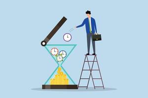 Time is money, businessman investor puts clock pieces, clock, alarm clock and timer into an hourglass to make the return on investment fall. vector