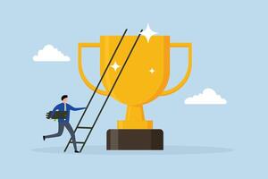 Building ladder to success, businessman builds ladder of success climbing to the top of championship trophy. vector