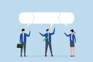 Compromise to get solution in business meeting, a team of businessmen in puzzle connected with a speech bubble. vector