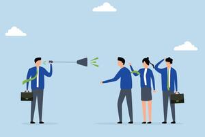 Effective communication, business manager talking to a team through megaphone in clear discussion meeting. vector