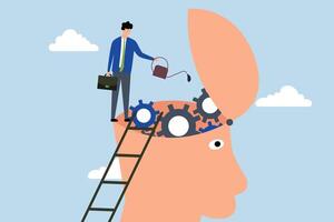 Brain maintenance, man climbs ladder to repair and lubricate teeth of the gears at the brain end. vector