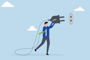 Recharge yourself, exhausted overworked businessman plugging in electricity to recharge. vector