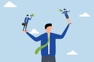 Employee voice, business manager listening to employees shouting with both hands. vector