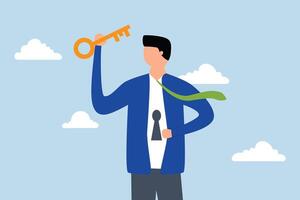 Unlock true potential, businessman with a golden key opening keyhole in his shirt vector