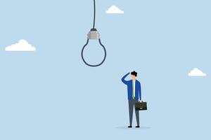 Business risk, skeptical businessman looking at light bulb idea thinking it looks like noose trap. vector