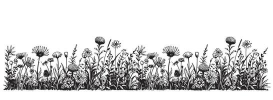 Field of wildflowers border sketch , hand drawn in doodle style illustration vector