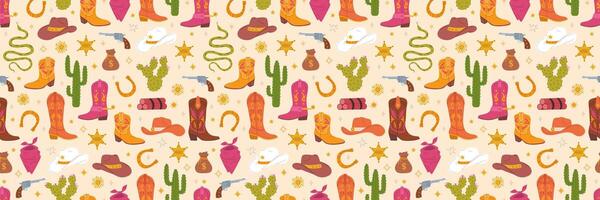 Cowboy seamless pattern. Wild West concept. Flat hand drawn illustration with hat, cactus, sheriff badge, and boots vector
