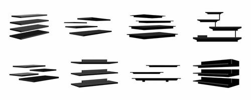 Set of black floating shelves isolated on a white background. Minimalist shelving unit with simple design. Concept of home decor, organization, storage, furniture, interior design. Collection vector