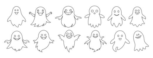 Set of Black outlines of funny smiling adorable ghosts isolated on white background. Concept of spooky spirit, Halloween symbol, minimalist design, cute phantom. Print, design element, coloring page vector