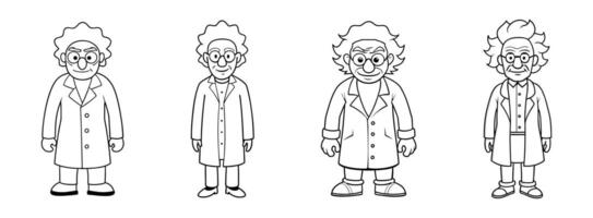 Set of Cartoon outlines of eccentric mad scientists characters in lab coats isolated on white background. Concept of crazy professor, mad genius, Halloween character. Print, design element. Clip art vector