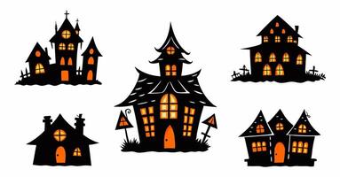 Set of Black silhouettes of haunted houses with glowing windows isolated on white background. Concept of Halloween, spooky mansion, ghost castle, minimalist style. Print. Clip art vector