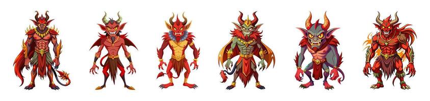 Set of Devils isolated on a white background. Demonic creatures with horns. Concept of monster art, fantasy character, evil spirit, digital artwork. Print, design, graphic. Clip art vector