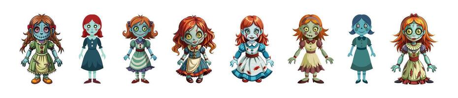 Set of Cartoon scary haunted dolls with big eyes in dresses isolated on white background. Concept of spooky character, Halloween decoration, creepy toy, horror design. Print, design element. Clip art vector