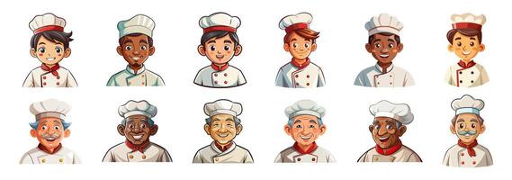Set of male chefs of various ages and ethnicities isolated on white background. Group of men cooks in uniform. Concept of culinary diversity, kitchen staff. Prints, logo, design elements vector