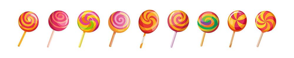 Set of Colorful lollipops with a swirled patterns isolated on white background. Sweet candies in a minimalist style. Concept of confectionery, dessert. Print, design elements vector