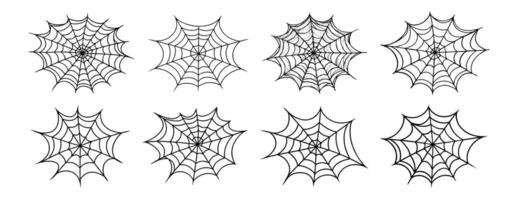 Set of Black silhouettes of spider webs isolated on a white background. Concept of Halloween, cobweb, arachnid, minimalist style, spooky design. Print, icon, illustration element. Clip art vector