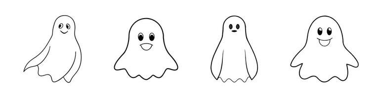 Set of Black outlines of funny smiling cute ghosts isolated on white background. Concept of spooky spirit, Halloween symbol, minimalist design, cute phantom. Print, icon, design element, coloring page vector