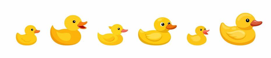 Set of yellow rubber ducks of varying sizes isolated on a white background. Bath toy ducks collection. Concept of childhood, bath time, playful design. Print, icon, design element vector