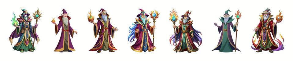 Set of Cartoon wizards isolated on a white background. Concept of fantasy character, magic, mystical figure, medieval sorcerer. Print, icon, design element. Clip art. Illustration vector