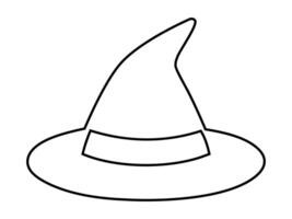 Black outline of a witch hat isolated on a white background. Wizard pointed hat. Concept of Halloween accessory, magic symbol, minimalist style, festive decor. Print, design element, coloring page vector