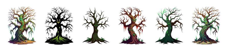 Set of Spooky haunted trees with ominous faces and creepy roots isolated on a white background. Concept of Halloween, horror, haunted forest, evil nature. Print, art, illustration. Clip art vector