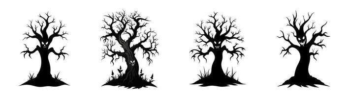 Set of Black silhouettes of spooky hounted trees with ominous faces and creepy roots isolated on white background. Concept of Halloween, horror, haunted forest, evil nature. Print. Clip art vector