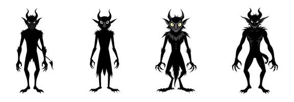 Set of Black silhouettes of devils isolated on white background. Demonic creature with horns. Concept of monster, fantasy character, evil spirit, spooky icon. Print, design element. Clip art vector