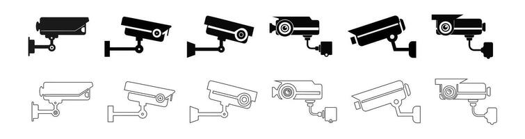 Set of black outlines and silhouettes of security cameras, isolated on a white background. Simple graphic design of surveillance equipment. Suitable for prints, logos, signs, and design elements vector
