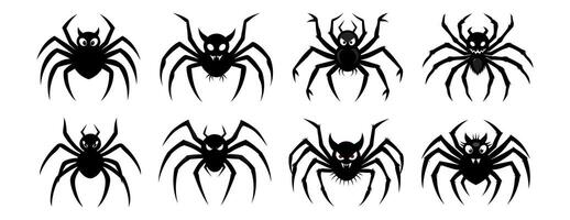 Set of Black silhouettes of cartoon spiders isolated on white background. Concept of arachnid illustration, creepy insect, playful monster, minimalist style, design element, print. Halloween. Clip art vector