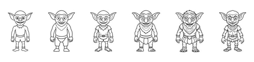 Set of Goblin black outlines illustrations isolated on white background. Concept of fantasy creature, troll, Halloween, mythical character, cute monster, playful imp, art, print. Clip art vector