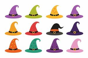 Set of Witch hats isolated on a white background. Wizard hats. Concept of fantasy accessory, magical item, Halloween, minimalist style, enchantment symbol. Print, design element vector