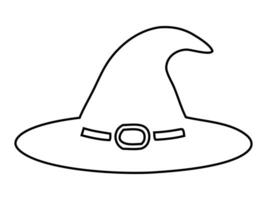 Black outline of a witch hat isolated on a white background. Wizard pointed hat. Concept of Halloween accessory, magic symbol, minimalist style, festive decor. Print, design element, coloring page vector