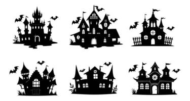 Set of Black silhouettes of haunted castles with bats isolated on white background. Concept of spooky decoration, haunted house, minimalist style, Halloween design. Print. Clip art vector