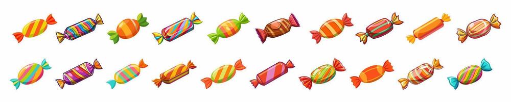 Set of colorful wrapped fruit and chocolate candies isolated on a white background. Design of bonbons. Concept of sweets, confectionery, and fun treats. Print, design elements. Clip art vector