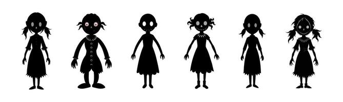 Set of Black silhouettes of scary haunted dolls in tattered dresses. Concept of spooky character, Halloween decoration, creepy toy, and minimalist illustration. Print, design element. Clip art vector