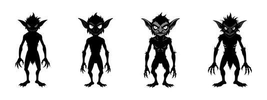 Set of Black silhouettes of goblins isolated on a white background. Concept of Halloween, mythical creature, troll, fantasy character, eerie illustration, design art. Clip art vector