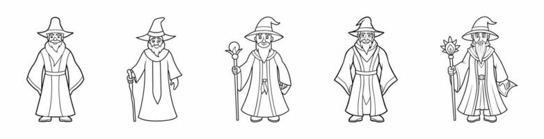 Set of Black and white outline illustrations of wizards in robes and hats. Concept of sorcerer, magic, fantasy, character, medieval. Print, design element, art. Clip art vector