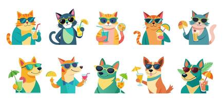 Set of funny cats and dogs in sunglasses with tropical cocktails isolated on white background. Smiling pets with soft drinks. Concept of summer vibe, exotic beverage, vacation. Print, design elements vector