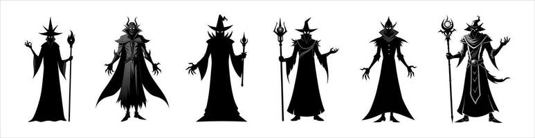 Set of Black silhouettes of wizards isolated on a white background. Concept of Halloween, evil sorcerer, magic fantasy character, cast spells, minimalist style, print, design element. Clip art vector