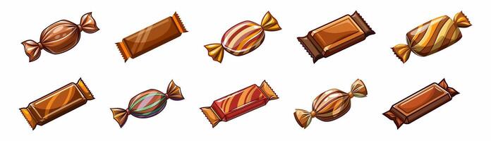 Set of colorful wrapped chocolate candies isolated on a white background. Design of bonbons. Concept of sweets, confectionery, and fun treats. Print, design elements vector