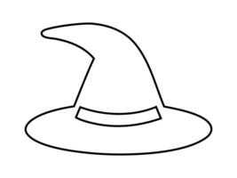 Black outline of a witch hat isolated on a white background. Wizard pointed hat. Concept of Halloween accessory, magic symbol, minimalist style, festive decor. Print, design element, coloring page vector
