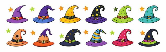 Set of Witch hats isolated on a white background. Hand drawn Wizard pointed hats. Concept of Halloween, Magic, Wizard Accessory, Fantasy Icon, Festive Design. Print, design element vector